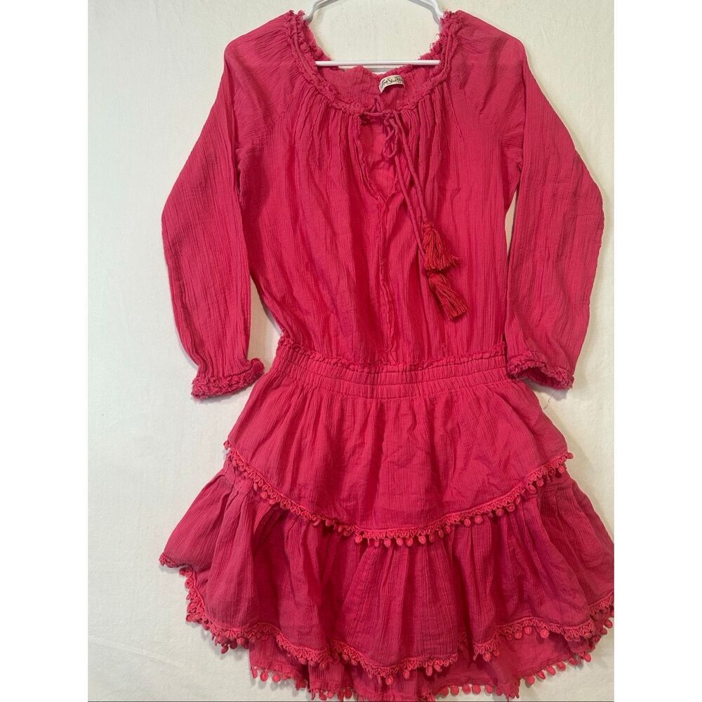 LoveShackFancy Pink Cotton Gauze Mini Dress Size 1 Pom Pom Tassel Boho Peasant